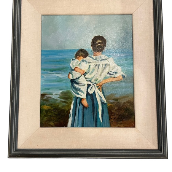 Painting Mother & Child Next to the Ocean, Signed Art By L. Espi, Circa 1987 - Picture 3 of 10